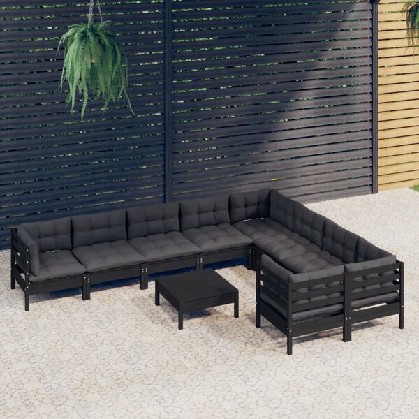 vidaXL 10 Piece Garden Lounge Set with Cushions Black Pinewood