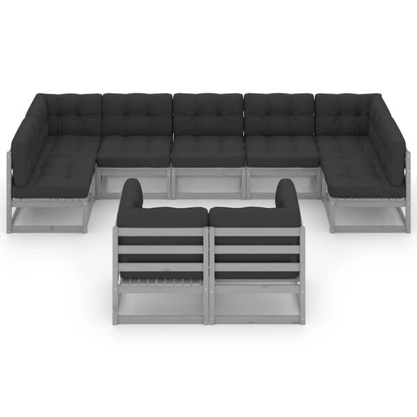 vidaXL 9 Piece Garden Lounge Set with Cushions Grey Solid Pinewood