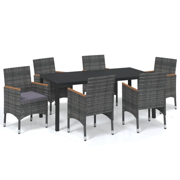 vidaXL 7 Piece Garden Dining Set with Cushions Poly Rattan Grey