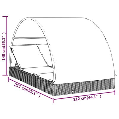 vidaXL 2-Person Sunbed with Round Roof Grey 211x112x140 cm Poly Rattan