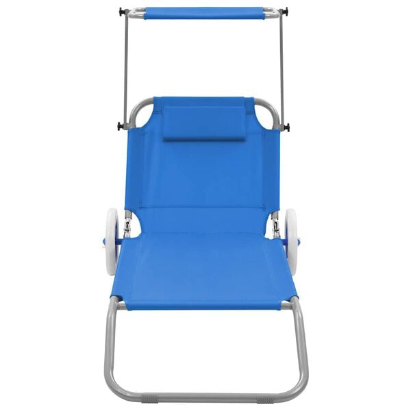 vidaXL Folding Sun Lounger with Canopy and Wheels Steel Blue
