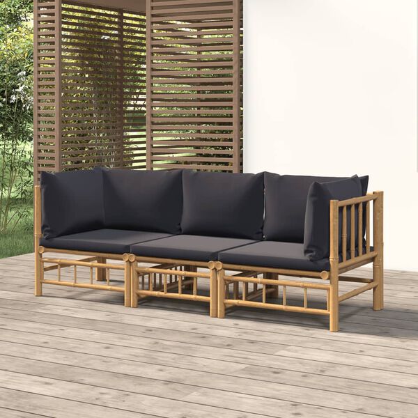 vidaXL 3 Piece Garden Lounge Set with Dark Grey Cushions Bamboo