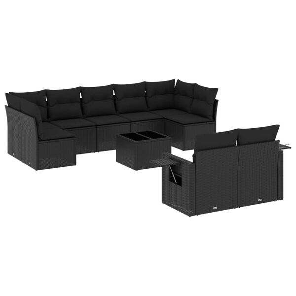 vidaXL 10 Piece Garden Sofa Set with Cushions Black Poly Rattan