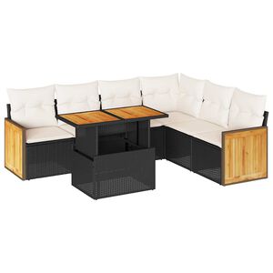 vidaXL 7 Piece Garden Sofa Set with Cushions Black Poly Rattan Acacia