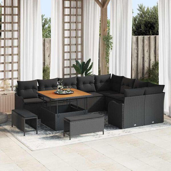 vidaXL Garden Sofa Set Height-Adjustable 12 pcs Black Poly Rattan
