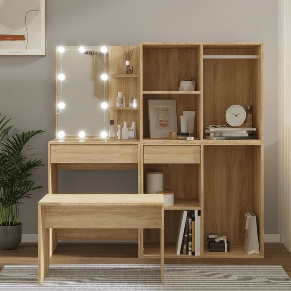 vidaXL Dressing Table Set with LED Sonoma Oak Engineered Wood