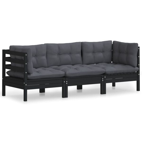 vidaXL 3-Seater Garden Sofa with Anthracite Cushions Solid Pinewood