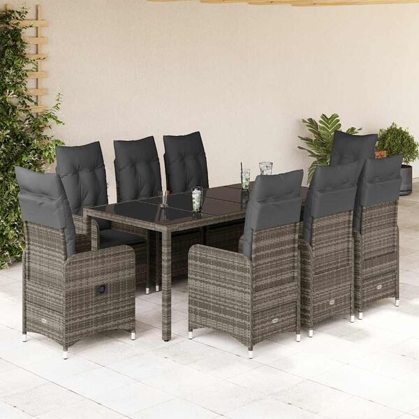 vidaXL 9 Piece Garden Bistro Set with Cushions Grey Poly Rattan