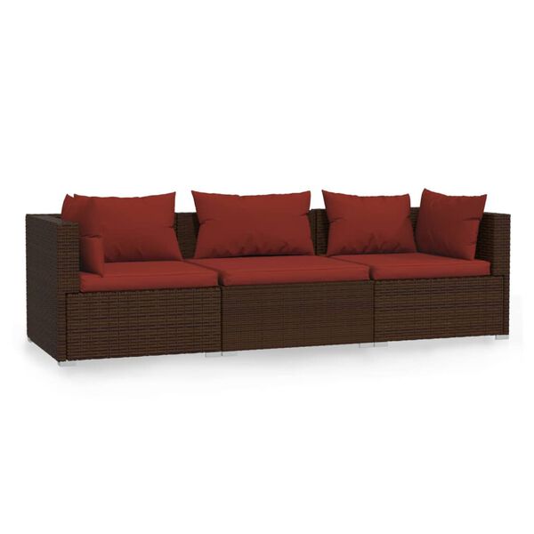 vidaXL 3-Seater Sofa with Cushions Brown Poly Rattan