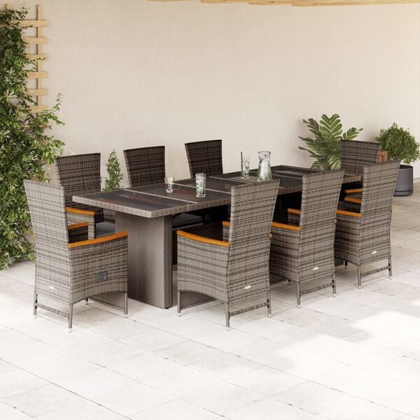 vidaXL 9 Piece Garden Dining Set with Cushions Grey Poly Rattan