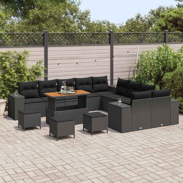 vidaXL Garden Sofa Set with Cushion 14 pcs Black Poly Rattan