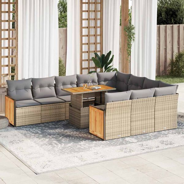vidaXL 11 Piece Garden Sofa Set with Cushions Beige Poly Rattan Acacia
