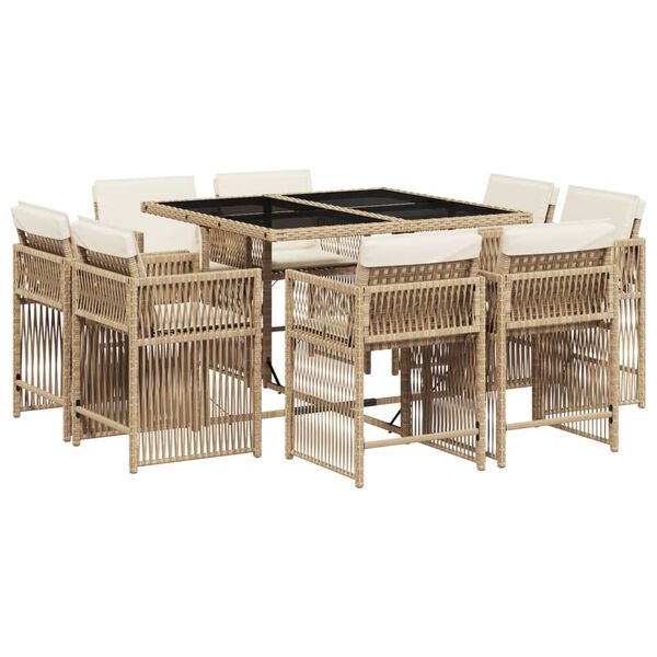 vidaXL 9 Piece Garden Dining Set with Cushions Beige Poly Rattan