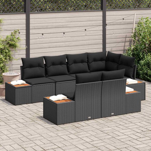 vidaXL Garden Sofa Set with Cushion 7 pcs Black Poly Rattan