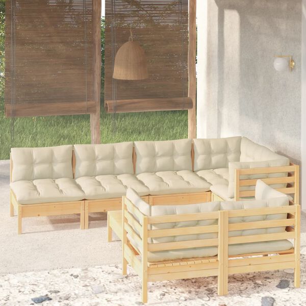 vidaXL 8 Piece Garden Lounge Set with Cream Cushions Solid Pinewood