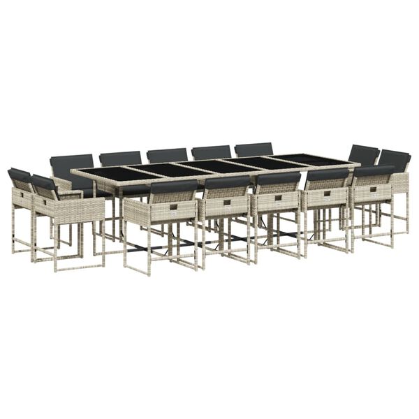 vidaXL 15 Piece Garden Dining Set with Cushions Light Grey Poly Rattan