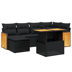 vidaXL 7 Piece Garden Sofa Set with Cushions Black Poly Rattan Acacia