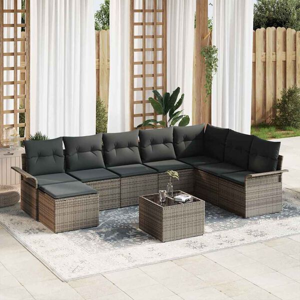 vidaXL Garden Sofa Set with Cushion 9 pcs Grey Poly rattan