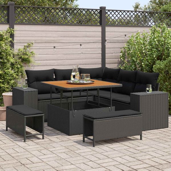 vidaXL Garden Sofa Set with Cushion 8 pcs Black Poly Rattan