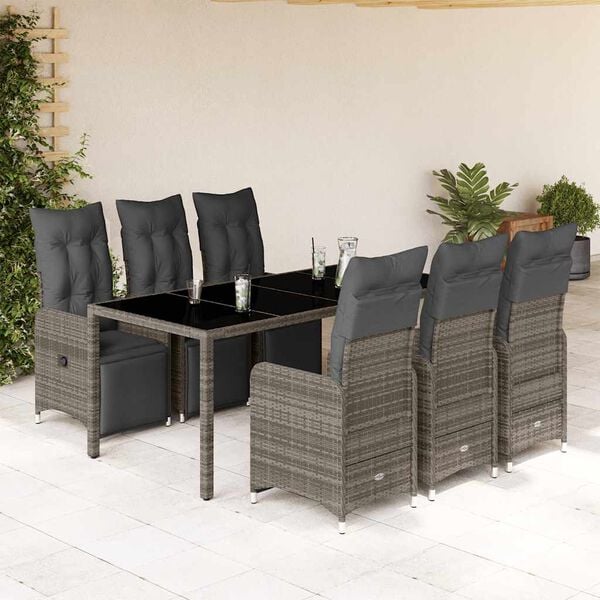 vidaXL 7 Piece Garden Bistro Set with Cushions Grey Poly Rattan