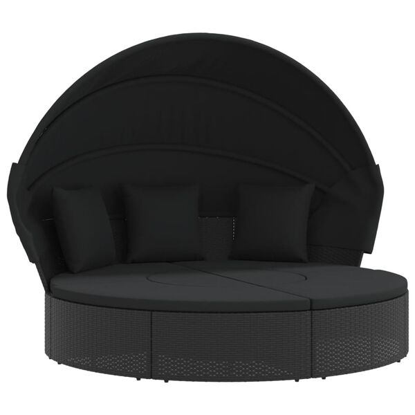 vidaXL Outdoor Lounge Bed with Canopy and Cushions Black Poly Rattan