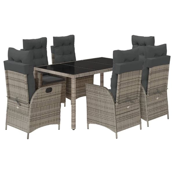 vidaXL 7 Piece Garden Dining Set with Cushions Grey Poly Rattan