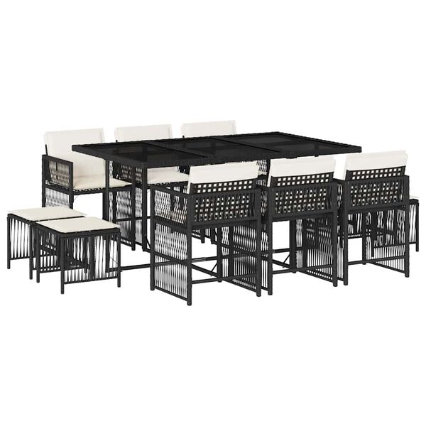 vidaXL 11 Piece Garden Dining Set with Cushions Black Poly Rattan