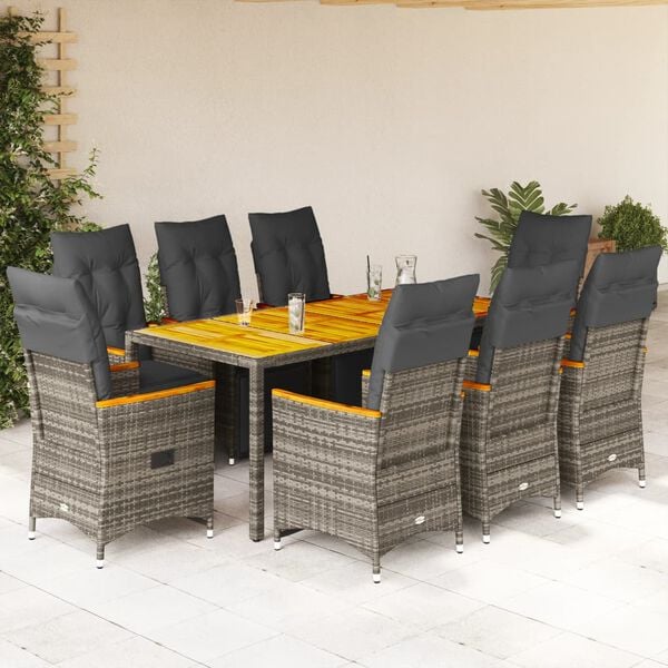 vidaXL 9 Piece Garden Bistro Set with Cushions Grey Poly Rattan