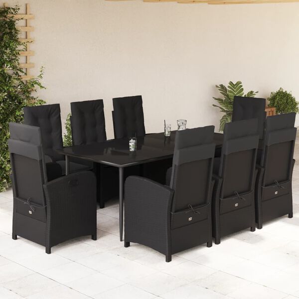vidaXL 9 Piece Garden Dining Set with Cushions Black Poly Rattan