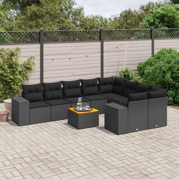 vidaXL 10 Piece Garden Sofa Set with Cushions Black Poly Rattan