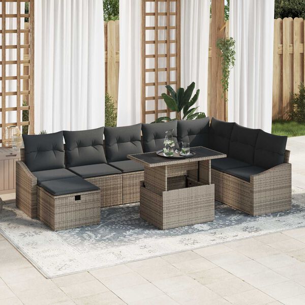 vidaXL Garden Sofa Set with Cushion 9 pcs Grey Poly rattan