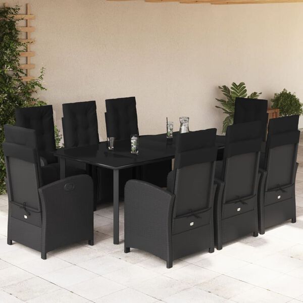 vidaXL 9 Piece Garden Dining Set with Cushions Black Poly Rattan