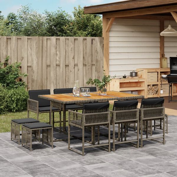 vidaXL 11 Piece Garden Dining Set with Cushions Grey Poly Rattan
