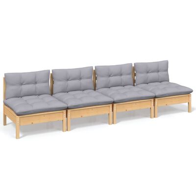 vidaXL 4-Seater Garden Sofa with Grey Cushions Solid Pinewood