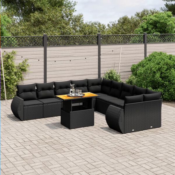 vidaXL 11 Piece Garden Sofa Set with Cushions Black Poly Rattan