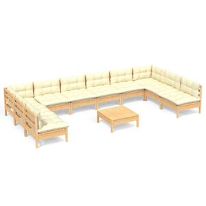 vidaXL 11 Piece Garden Lounge Set with Cream Cushions Solid Pinewood