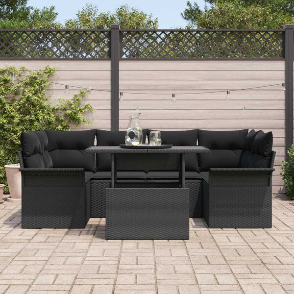 vidaXL Garden Sofa Set with Cushion 7 pcs Black Poly Rattan