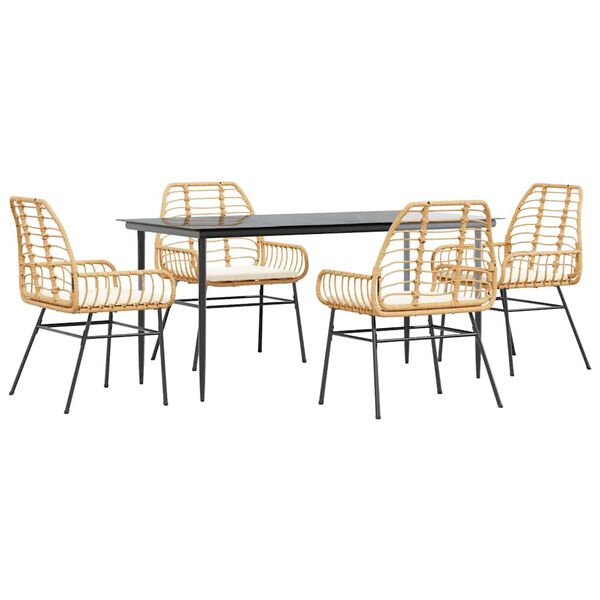 vidaXL 5 Piece Garden Dining Set with Cushions Brown Poly Rattan Glass