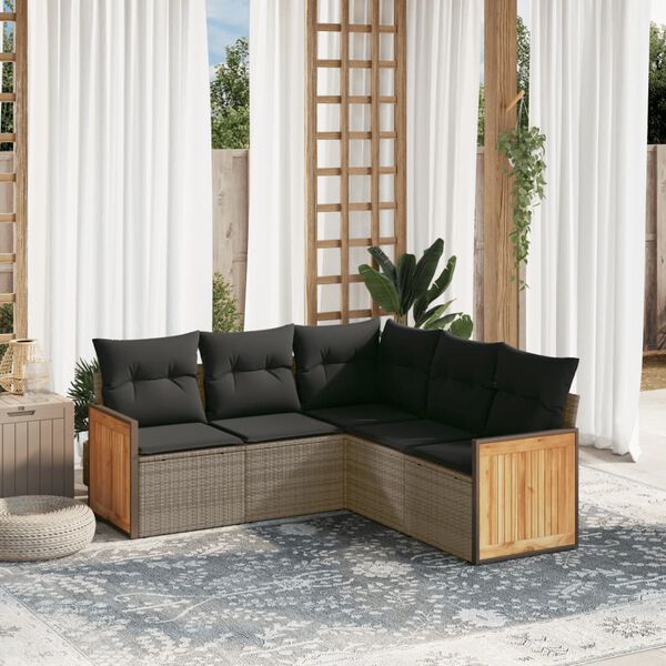 vidaXL 5 Piece Garden Sofa Set with Cushions Grey Poly Rattan