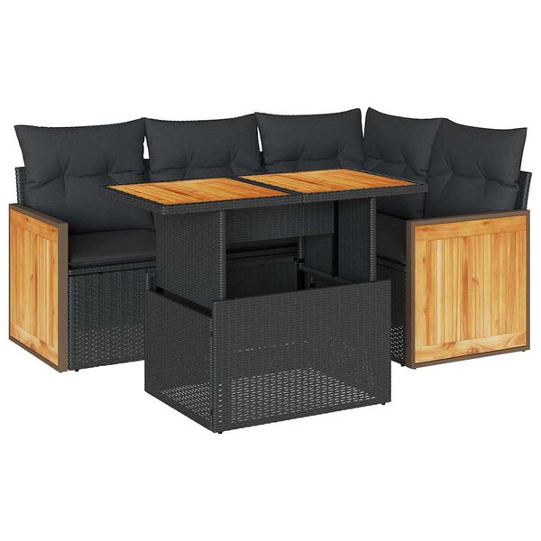 vidaXL 5 Piece Garden Sofa Set with Cushions Black Poly Rattan Acacia