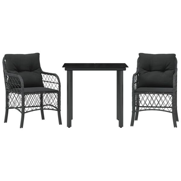 vidaXL 3 Piece Bistro Set with Cushions Black Poly Rattan