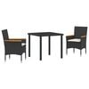 vidaXL Garden Dining Set with Cushion 3 pcs Black Poly Rattan