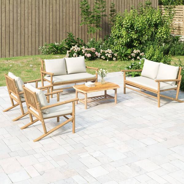vidaXL 5 Piece Garden Lounge Set with Cream White Cushions Bamboo