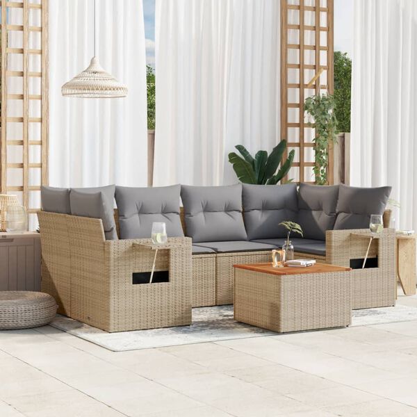 vidaXL 7 Piece Garden Sofa Set with Cushions Beige Poly Rattan