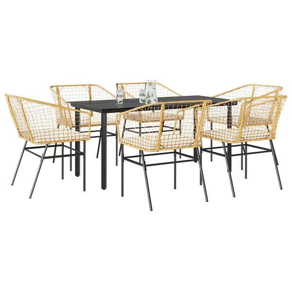 vidaXL 7 Piece Garden Dining Set with Cushions Brown Poly Rattan Glass