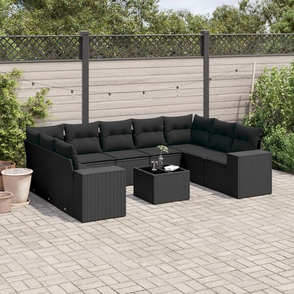 vidaXL 10 Piece Garden Sofa Set with Cushions Black Poly Rattan