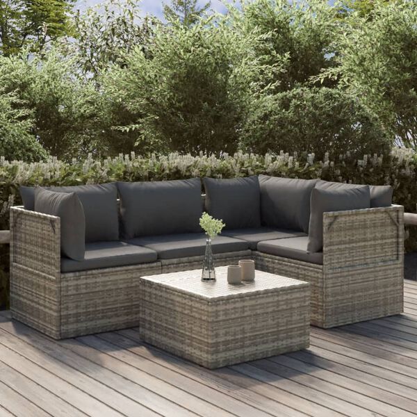 vidaXL 5 Piece Garden Lounge Set with Cushions Grey Poly Rattan