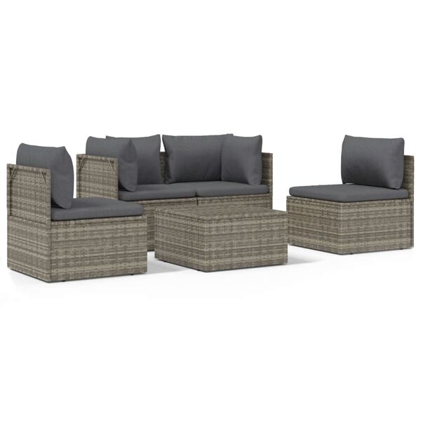 vidaXL 5 Piece Garden Lounge Set with Cushions Grey Poly Rattan