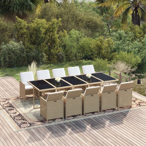 vidaXL 11 Piece Garden Dining Set with Cushions Poly Rattan Beige