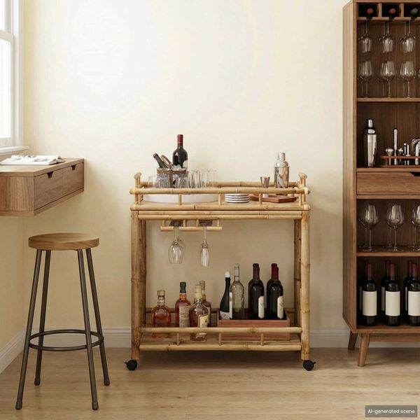 vidaXL Wine Trolley with Wheels Natural 85 x 50 x 93 cm Bamboo
